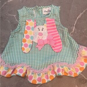 Rare Editions Green Gingham Bunny Dress with Pastel Polka Dot Trim